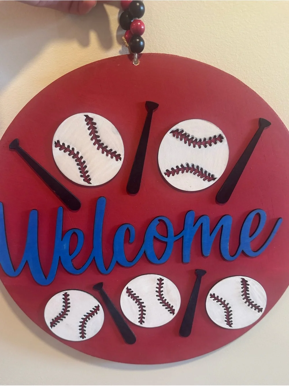Red Baseball Welcome Door Sign with Blue Script